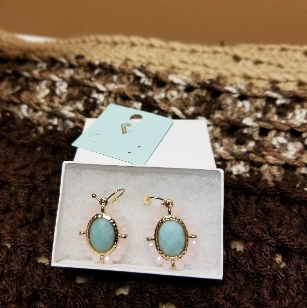 Earrings Aqua Gem Stone And Pink Beads